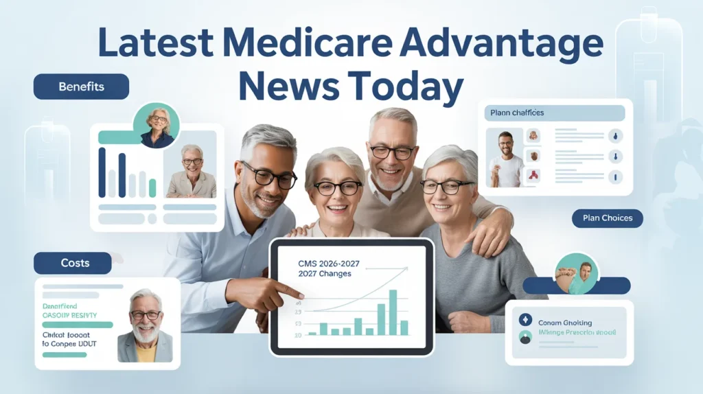 Latest Medicare Advantage news showing seniors reviewing CMS 2026–2027 plan changes, benefits, costs, and coverage updates.