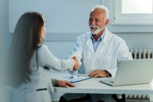 Medicare plan consultation between senior doctor and patient